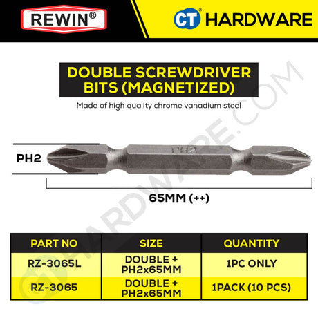 REWIN RZ3065B PHILLIPS SCREWDRIVER BITS PH2 X 65MM X 6.35MM  ( X 10PC )  + + CRV SERIES