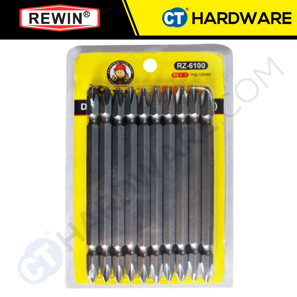 REWIN RZ-6100 DOUBLE SCREWDRIVER BITS PH2 X100MM X 6.35MM ( + +  S2 SERIES )  - 1 PACK [ RZ6100 ]