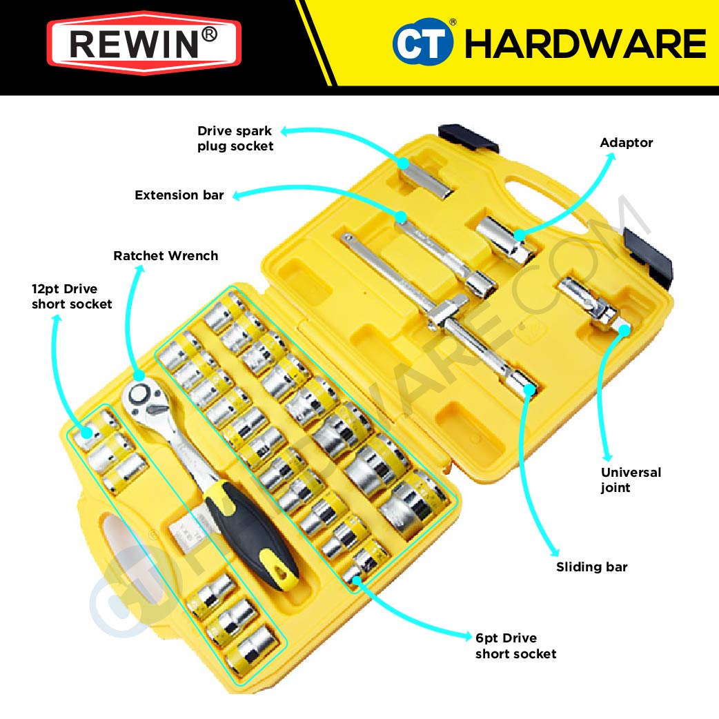 REWIN RZT032A 32PCS 1/2" DR. SOCKET WRENCH SET 1/2"  8-32MM  6PT / 12PT
