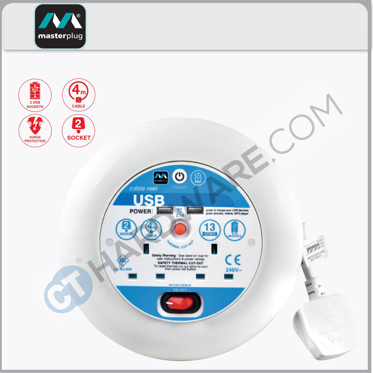 Masterplug Medium Cassette Reel With 4M Green Wire,4 Socket 13Amp