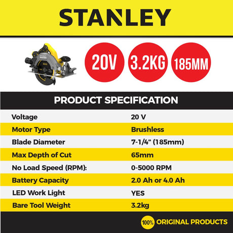 STANLEY SBC550 CORDLESS BRUSHLESS CIRCULAR SAW 20V 185MM ( SBC550-B1 )