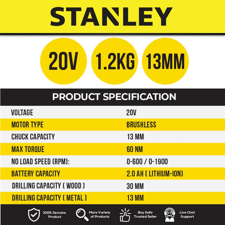 STANLEY SBD710D2K-B1 CORDLESS BRUSHLESS DRILL DRIVER 20V COME WITH 2x 2.0AH BATTERY & 1x CHARGER  [ SBD710D2K ]