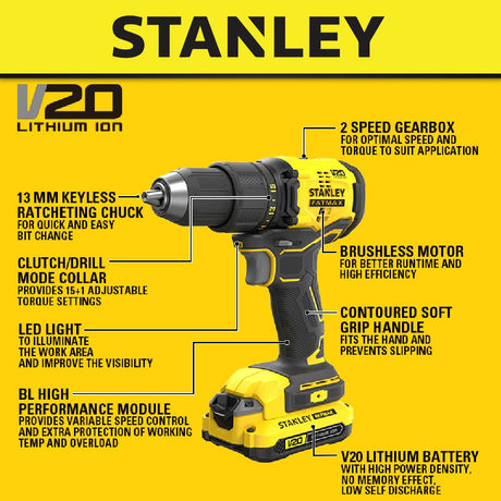 STANLEY SBD710D2K-B1 CORDLESS BRUSHLESS DRILL DRIVER 20V COME WITH 2x 2.0AH BATTERY & 1x CHARGER  [ SBD710D2K ]