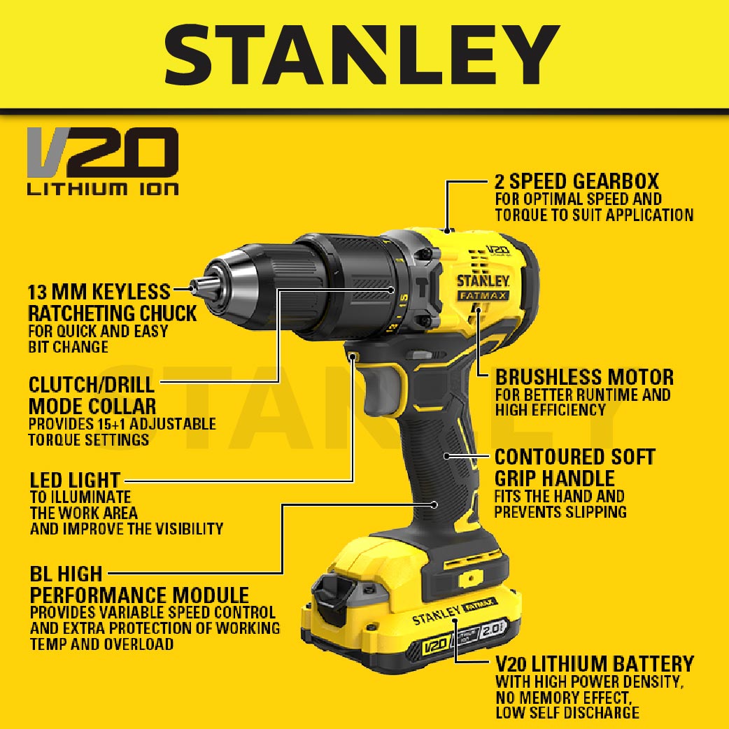 Stanley SBD716D2T 20V Cordless Brushless Hammer Drill C/W 2PCS Battery & 1 Charger (SBD715D2K)
