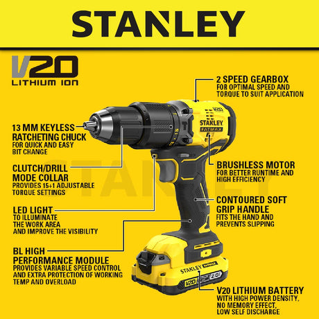 Stanley SBD716D2T 20V Cordless Brushless Hammer Drill C/W 2PCS Battery & 1 Charger (SBD715D2K)