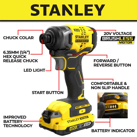 STANLEY SBI810D2K 20V CORDLESS BRUSHLESS IMPACT DRIVER COME WITH 2x 2.0AH BATTERY & 1x CHARGER