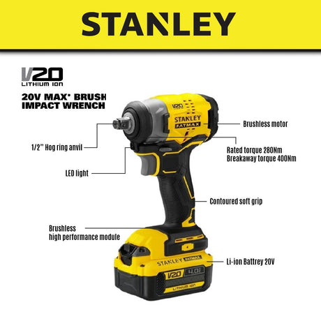 STANLEY SBW910M1K CORDLESS BRUSHLESS IMPACT WRENCH 20V 3100IPM 370NM COME WITH 4.0AH BATTERY & CHARGER (SBW910M1K-B1)