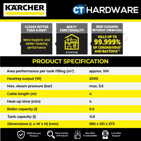 Karcher SC4 EASYFIX Steam Cleaner 2000W 3.5 Bar [SC4EASYFIX | 15126300]