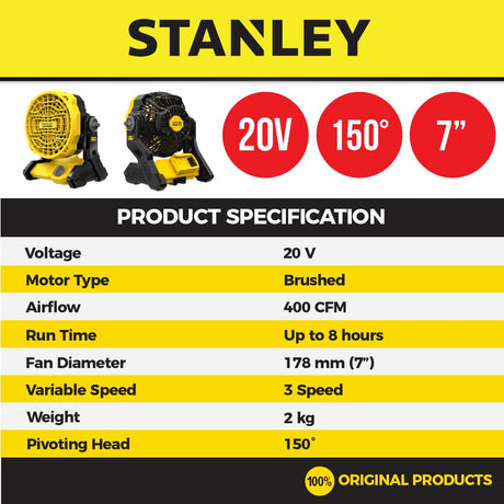 STANLEY SCF001 CORDLESS JOBSITE FAN 20V 400CFM 3 SPEED FAN 3KG = SCF001-KR