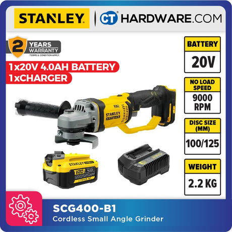 STANLEY SCG400 CORDLESS SMALL ANGLE GRINDER 20V 9000RPM DISC SIZE: 100/125MM [ SCG400-B1 ]