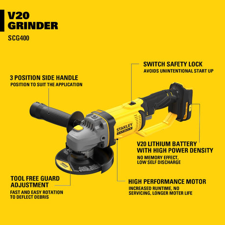 STANLEY SCG400 CORDLESS SMALL ANGLE GRINDER 20V 9000RPM DISC SIZE: 100/125MM [ SCG400-B1 ]