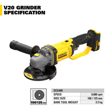 STANLEY SCG400 CORDLESS SMALL ANGLE GRINDER 20V 9000RPM DISC SIZE: 100/125MM [ SCG400-B1 ]