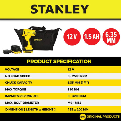 STANLEY SCI121S2-B1 12V IMPACT DRIVER 2500RPM 3200OPM COME WITH 2x 1.5AH BATTERY & 1x CHARGER