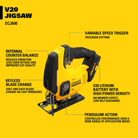STANLEY SCJ600 CORDLESS JIGSAW 20V 2500SPM WITHOUT BATTERY CHARGER & BLADE ( SCJ600-B1 )