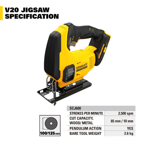 STANLEY SCJ600 CORDLESS JIGSAW 20V 2500SPM WITHOUT BATTERY CHARGER & BLADE ( SCJ600-B1 )