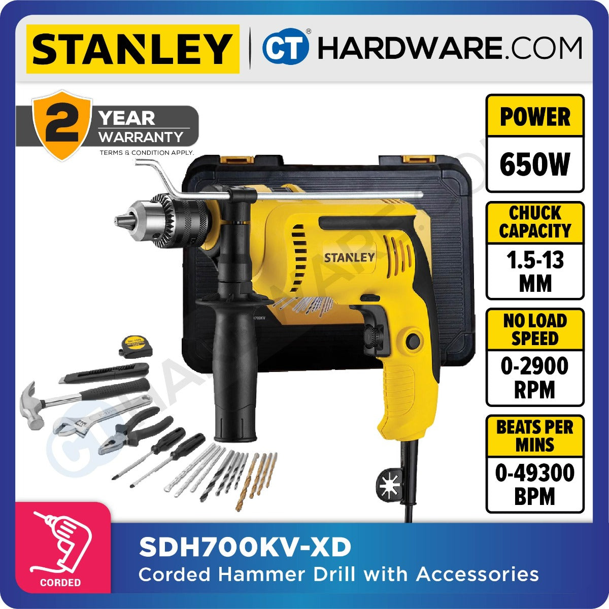 STANLEY SDH700KV CORDED PERCUSSION DRILL WITH ACCESSORIES SET 13MM | 650W