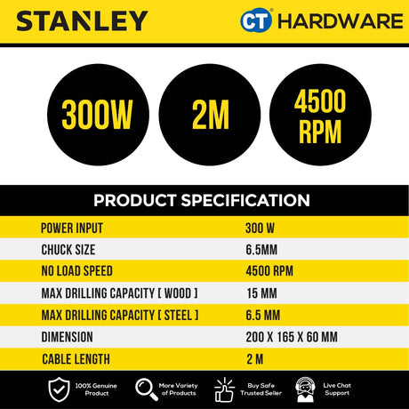 STANLEY SDR3006 CORDED ROTARY DRILL 300W | 6.5MM | 4500RPM