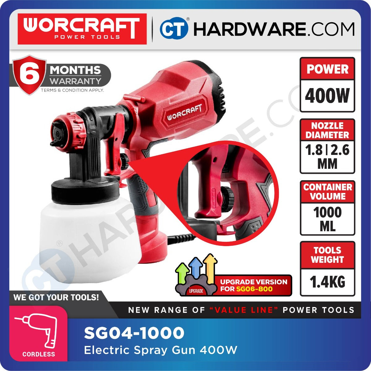 WORCRAFT SG04-1000 CORDED ELECTRIC SPRAY GUN 400W | 500ML/MIN | 1000ML [ SG041000 ]