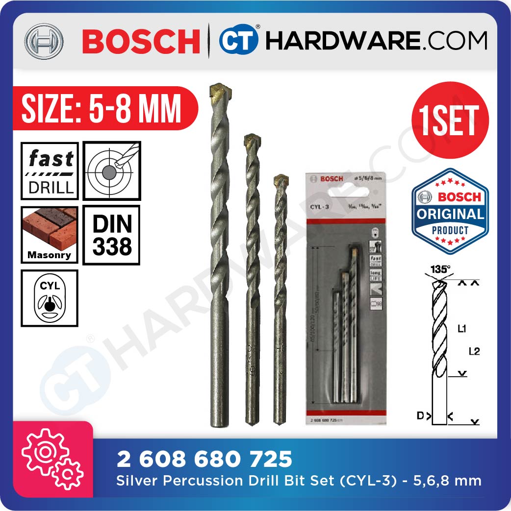 BOSCH 2 608 680 725 SILVER PERCUSSION ( CYL-3 ) STRAIGHT SHANK DRILL BIT SET SIZE 5 MM,6 MM,8 MM [  2608680725  ]