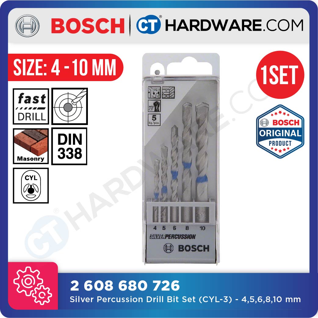 BOSCH 2 608 680 726 SILVER PERCUSSION ( CYL-3 ) DRILL BIT SET  SIZE 4 MM,5 MM,6 MM,8 MM,10 MM [  2608680726  ]