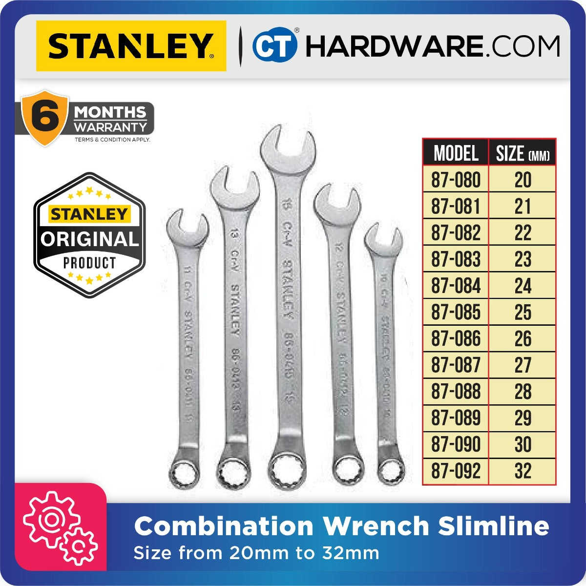 STANLEY COMBINATION WRENCH SLIMLINE, SIZE FROM 20MM TO 32MM