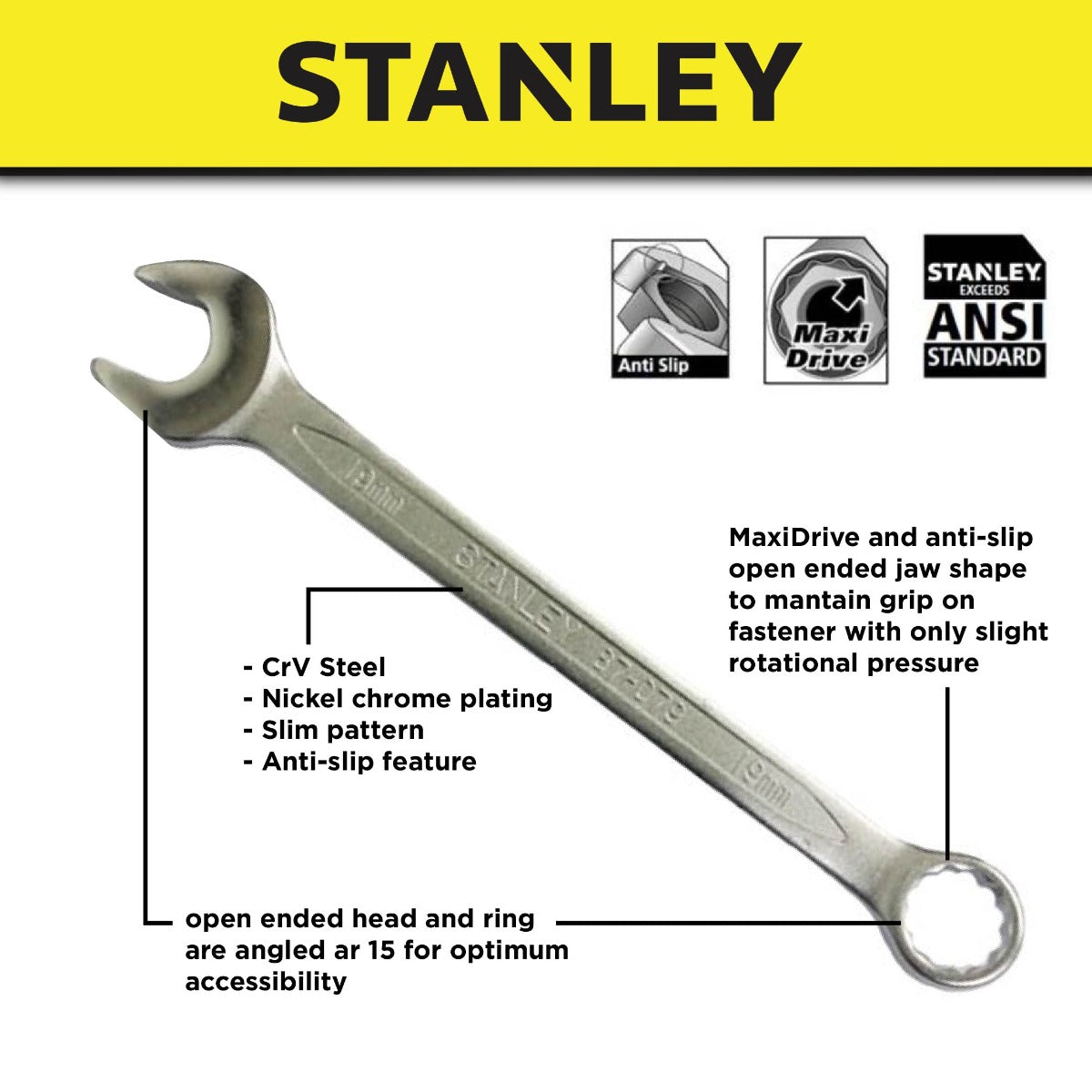 STANLEY COMBINATION WRENCH SLIMLINE, SIZE FROM 20MM TO 32MM
