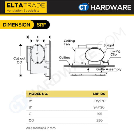 ELTA TRADE DUCTED CEILING FAN (SET) SRF100 SILENT RESPONSE with SRG100 HEADER BOX GRILLES  (4 VARIATION) [EXHAUST FAN]