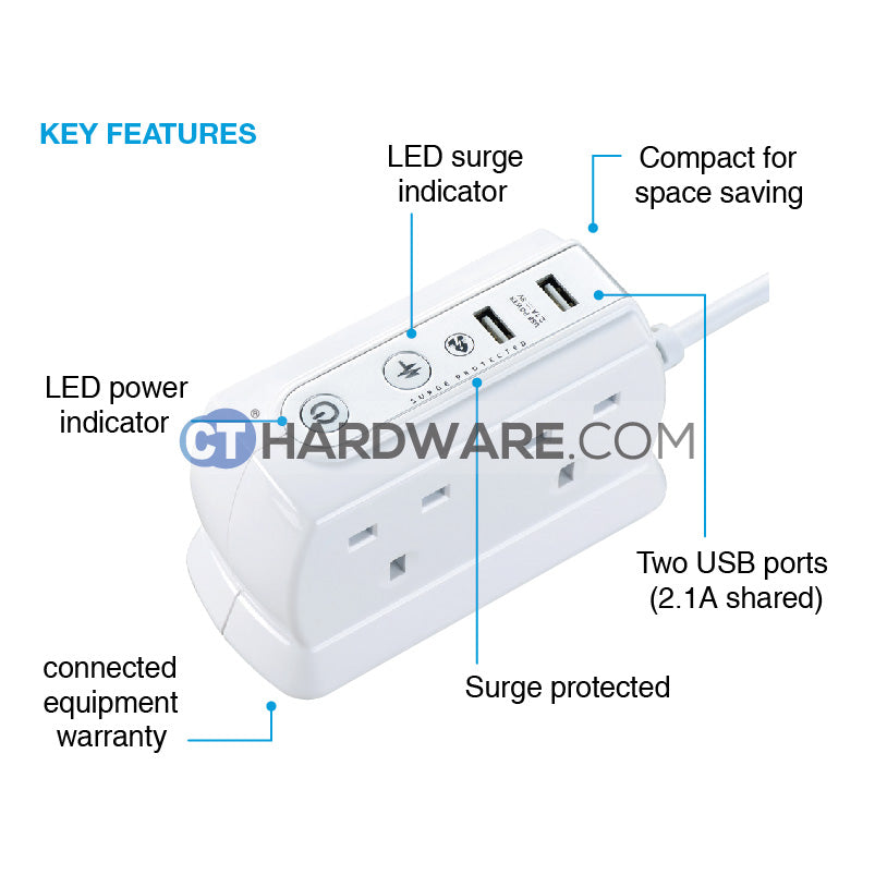 Masterplug USB Power Block With 6 Socket,2 USB Port 2.1Mah(White) Surge Protected