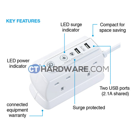 Masterplug USB Power Block With 6 Socket,2 USB Port 2.1Mah(White) Surge Protected