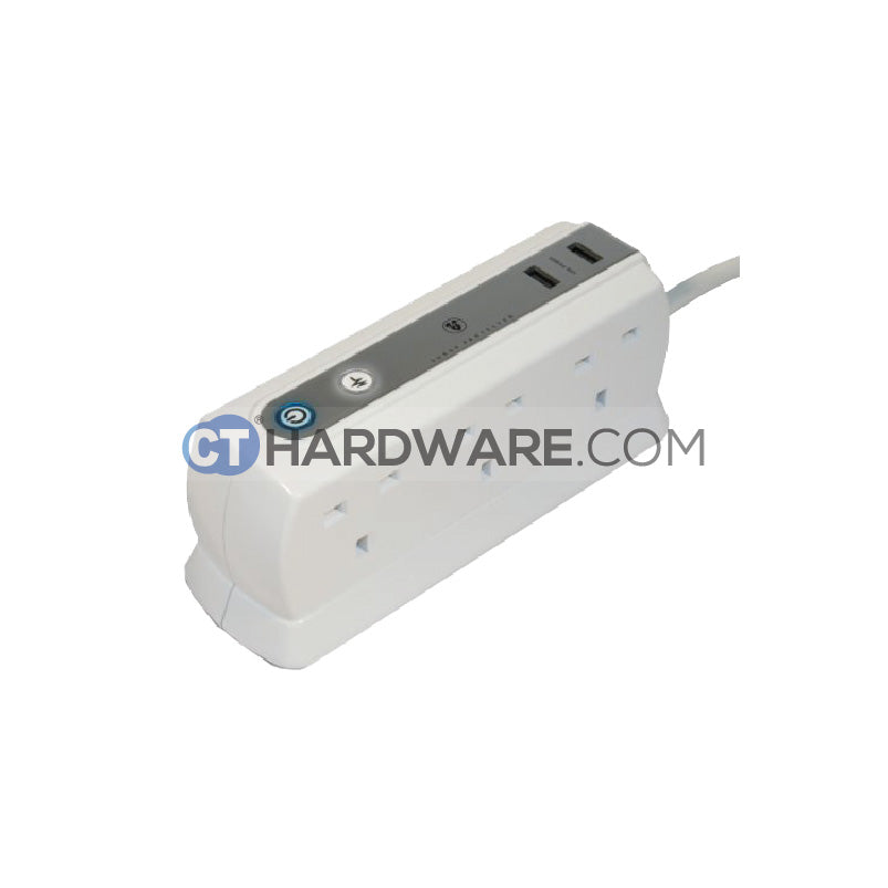 Masterplug USB Power Block With 6 Socket,2 USB Port 2.1Mah(White) Surge Protected