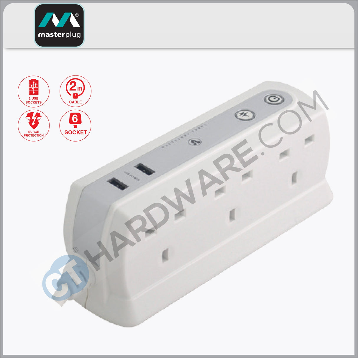 Masterplug USB Power Block With 6 Socket,2 USB Port 2.1Mah(White) Surge Protected