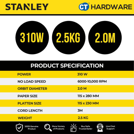 STANLEY SSS310 CORDED 1/2" SHEET SANDER 310W | 6000-10000RPM | 115 X 280MM