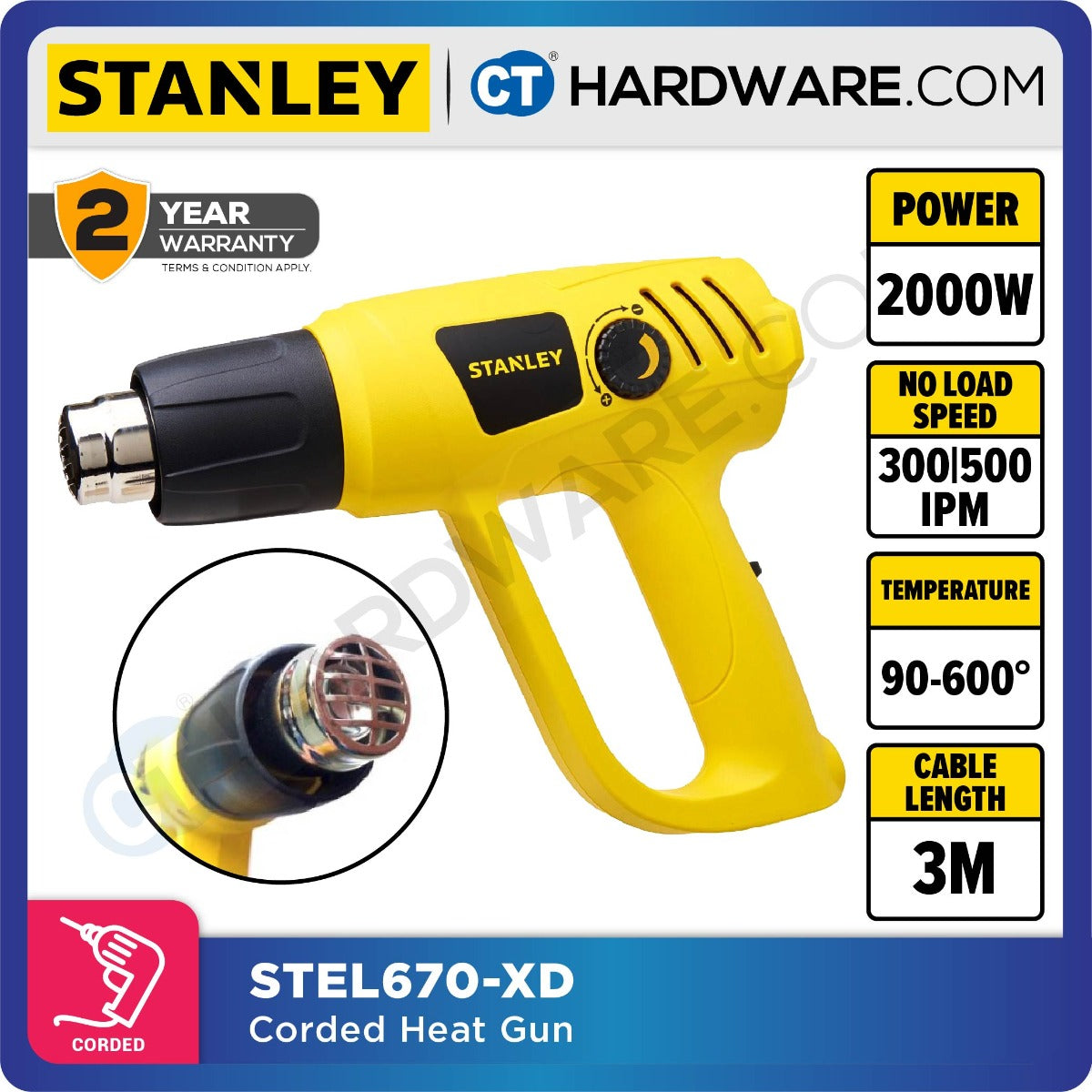 STANLEY STEL670-XD CORDED HOT AIR GUN 2000W | 300-500 LPM | TWO SPEED SETTINGS [ STEL670 ]