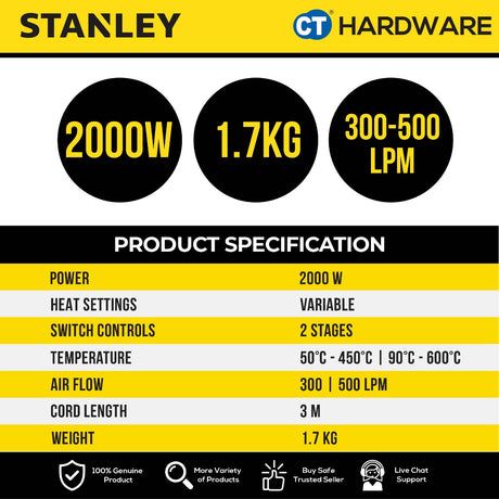 STANLEY STEL670-XD CORDED HOT AIR GUN 2000W | 300-500 LPM | TWO SPEED SETTINGS [ STEL670 ]