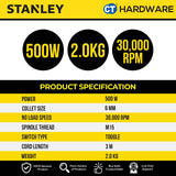 STANLEY STEL861 CORDED DIE GRINDER 500W | 6MM | M15