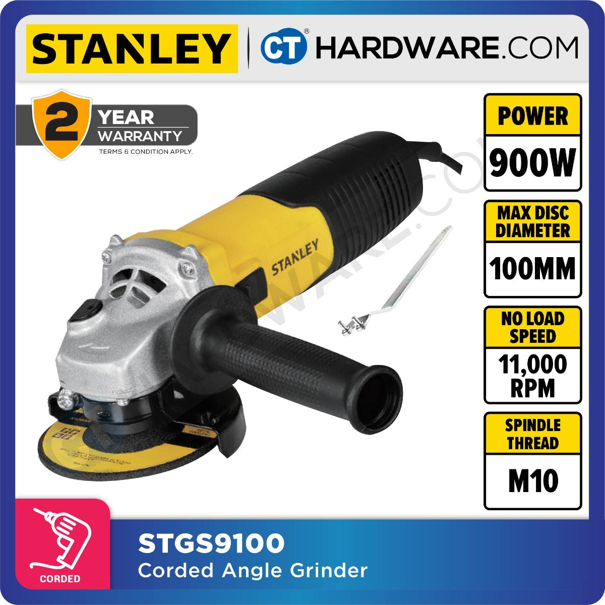 STANLEY STGS9100 CORDED SMALL ANGLE GRINDER 900W | 100MM | 11,000 RPM | M10