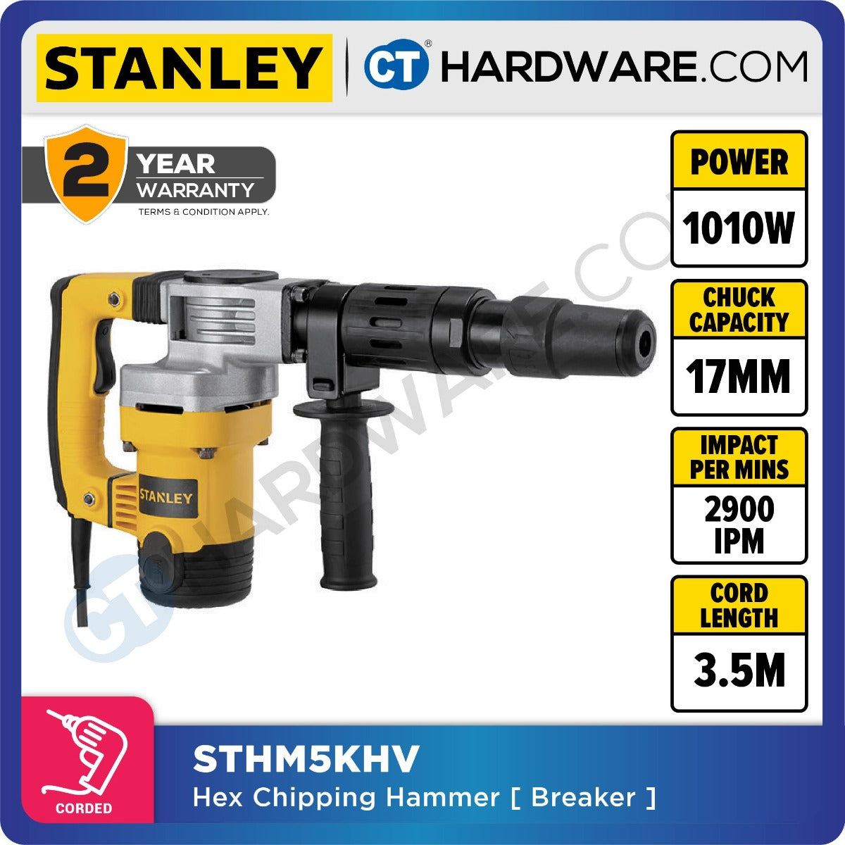 STANLEY STHM5KHV CORDED HEX CHIPPING HAMMER 1010W | 17MM