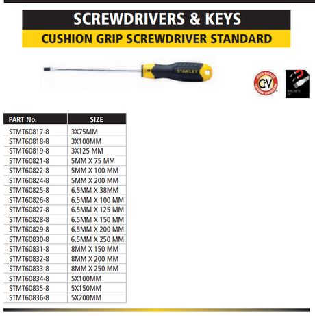 STANLEY CUSHION GRIP SCREWDRIVER STANDARD SIZE 3MM x 75MM TO 5MM x 200MM