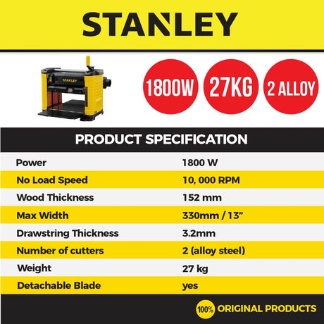 STANLEY STP18 CORDED PORTABLE TABLE WOOD PLANER 1800W 13" 330MM  ( STP18-B1 )