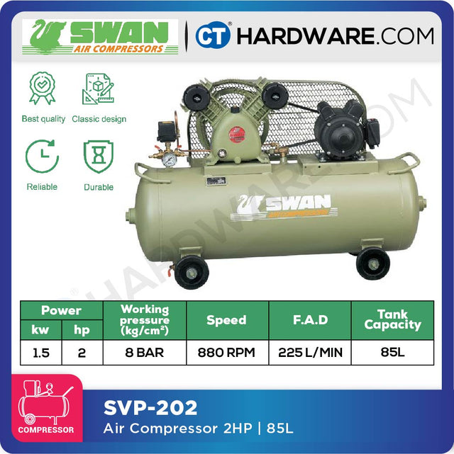 Swan SVP-202 belt-driven air compressor with 85-litre horizontal tank and dual-cylinder pump