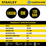 STANLEY SW19 HIGH PRESSURE CLEANER 1900W | 130BAR | 6.6L/MIN ( INDUCTION MOTOR )
