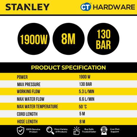 STANLEY SW19 HIGH PRESSURE CLEANER 1900W | 130BAR | 6.6L/MIN ( INDUCTION MOTOR )
