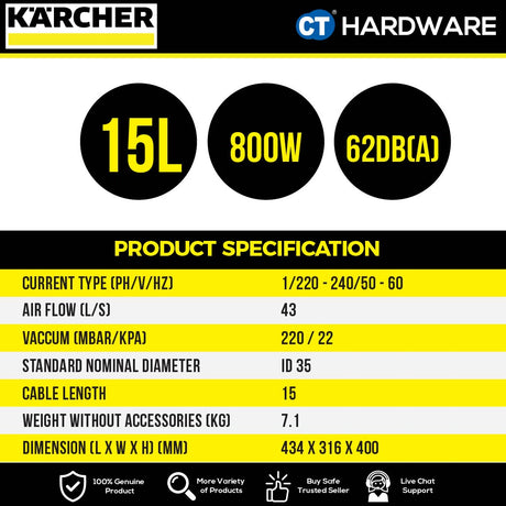 Karcher T 15/1 HEPA Dry Vacuum Cleaner 1300W 15L [13552350]