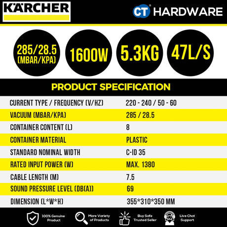 Karcher T 8/1 CLASSIC Dry Vacuum Cleaner 1600W 8l [T81 | 15271620]