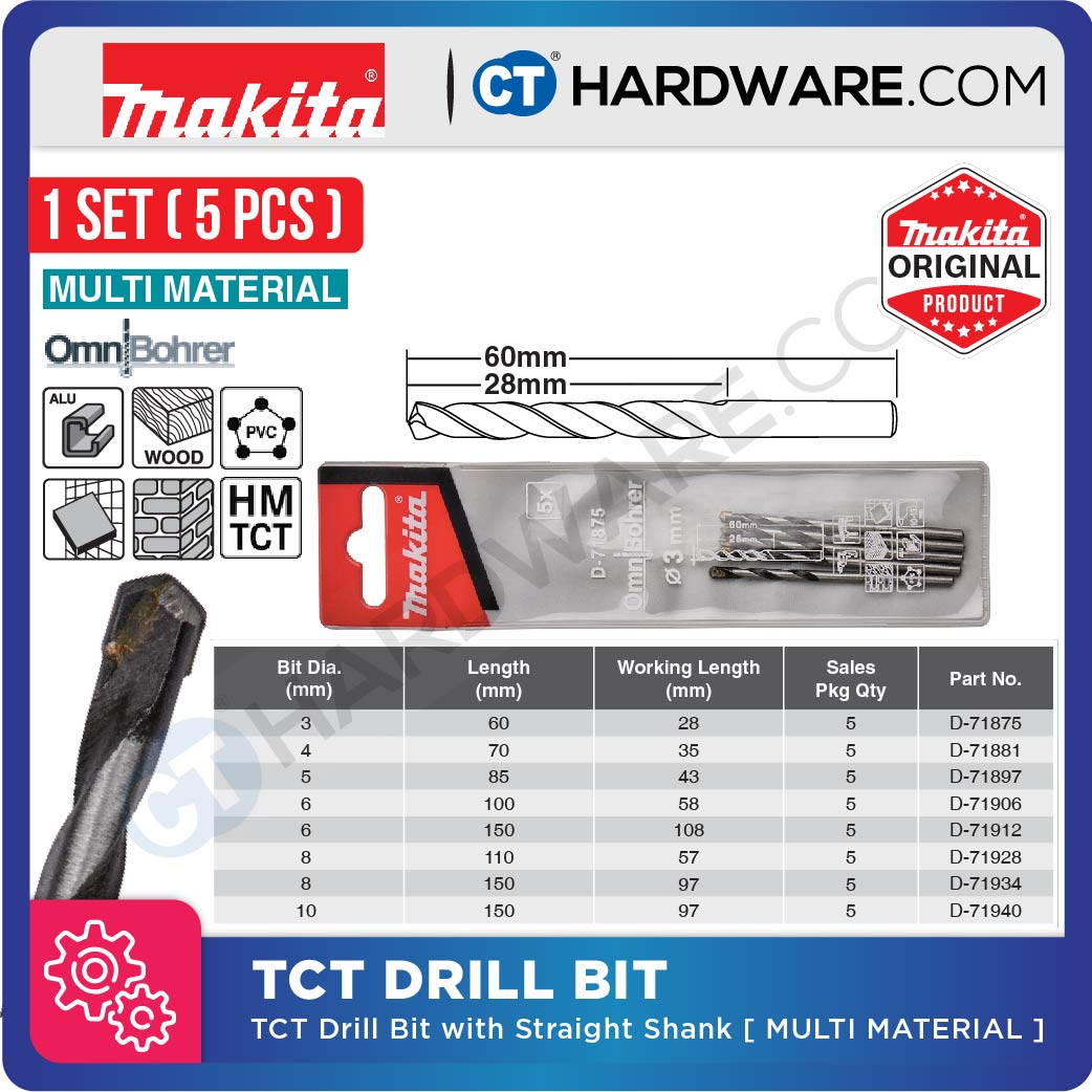 Makita TCT Drill Bit With Straight Shank 3-10 Mm Diameter | Multi Material Multiple