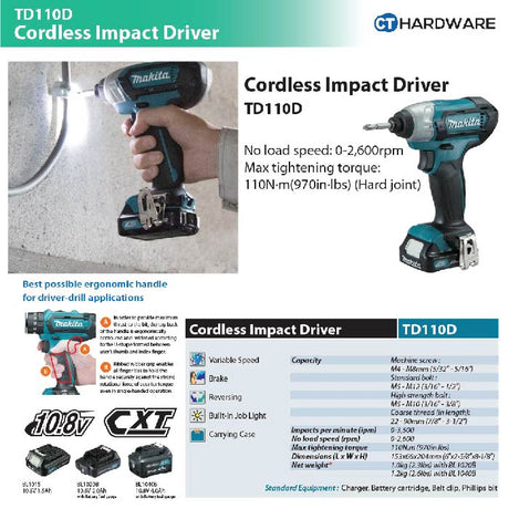 Makita TD110DSME CXT 12Vmax Cordless Impact Driver Incl. 2x 4.0Ah Battery, 1x Charger