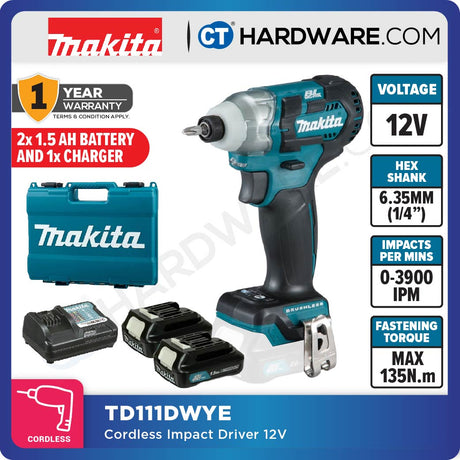 MAKITA TD111DSME | TD111DWAE | TD111DWYE | TD111DZ CORDLESS BRUSHLESS IMPACT DRIVER 12V | 6.35MM (1/4") | 135N.m