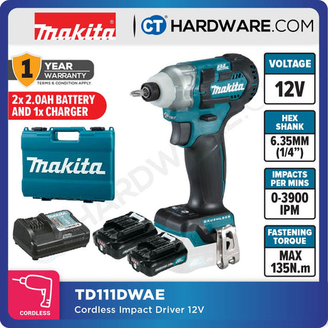 MAKITA TD111DSME | TD111DWAE | TD111DWYE | TD111DZ CORDLESS BRUSHLESS IMPACT DRIVER 12V | 6.35MM (1/4") | 135N.m