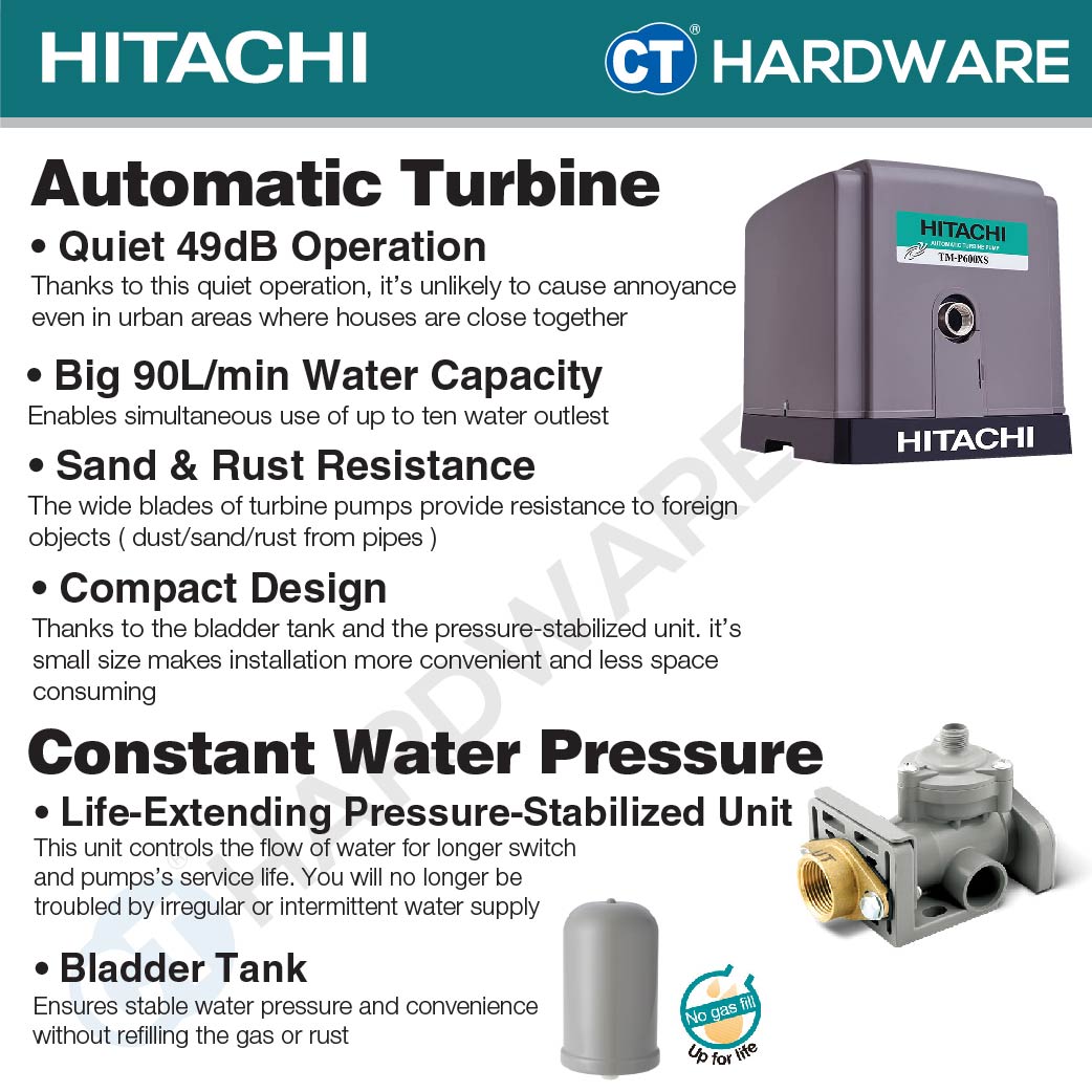 HITACHI TM-P450XS TURBINE AUTOMATIC WATER PUMP 1" | 450W | 90L/M | 5M/S | 20M/H (PREMIUM & SILENT TYPE) [ TMP450XS ]