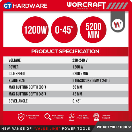 WORCRAFT TS12-165 CORDED PLUNGE TRACK SAW 165 MM | 1200W | 6000RPM COME WITH GUIDE RAIL [ TS12165 ]